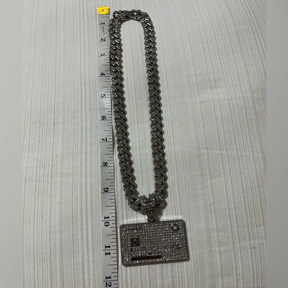 Iced Out Credit Card Pendant & Heavy Cuban Link Chain Necklace - Silver Tone